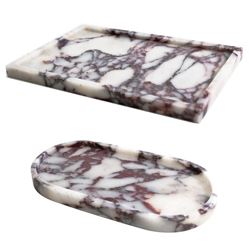 DUANYAN Real Luxurious Natural Marble Vanity Tray Genuine Marble Storage Tray for Home Decor Stone Tray for Bathroom/Kitchen/Vanity/Dresser Non-Resin/Non-Ceramic/Viola Oval Set - Image 1